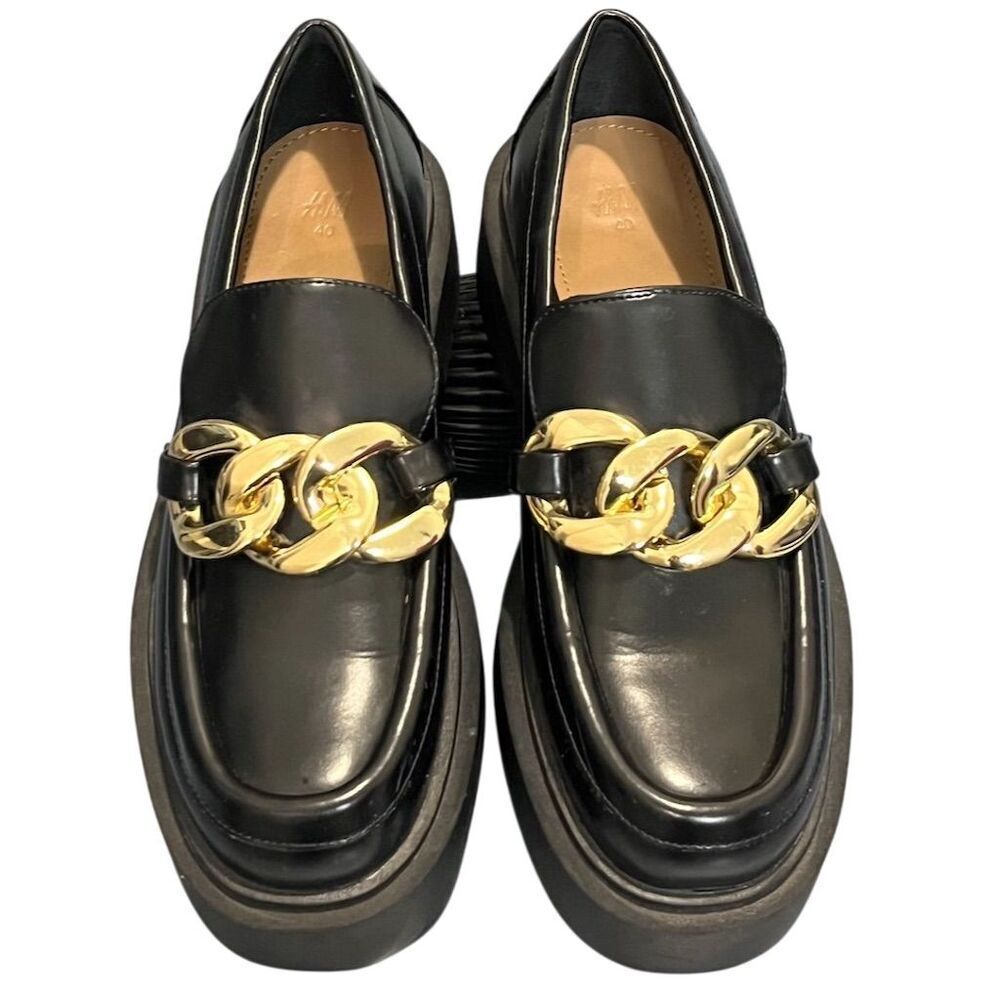 H&M Women's Black Faux Leather Platform Loafers 9 Chunky Gold Chain Gothic Party
